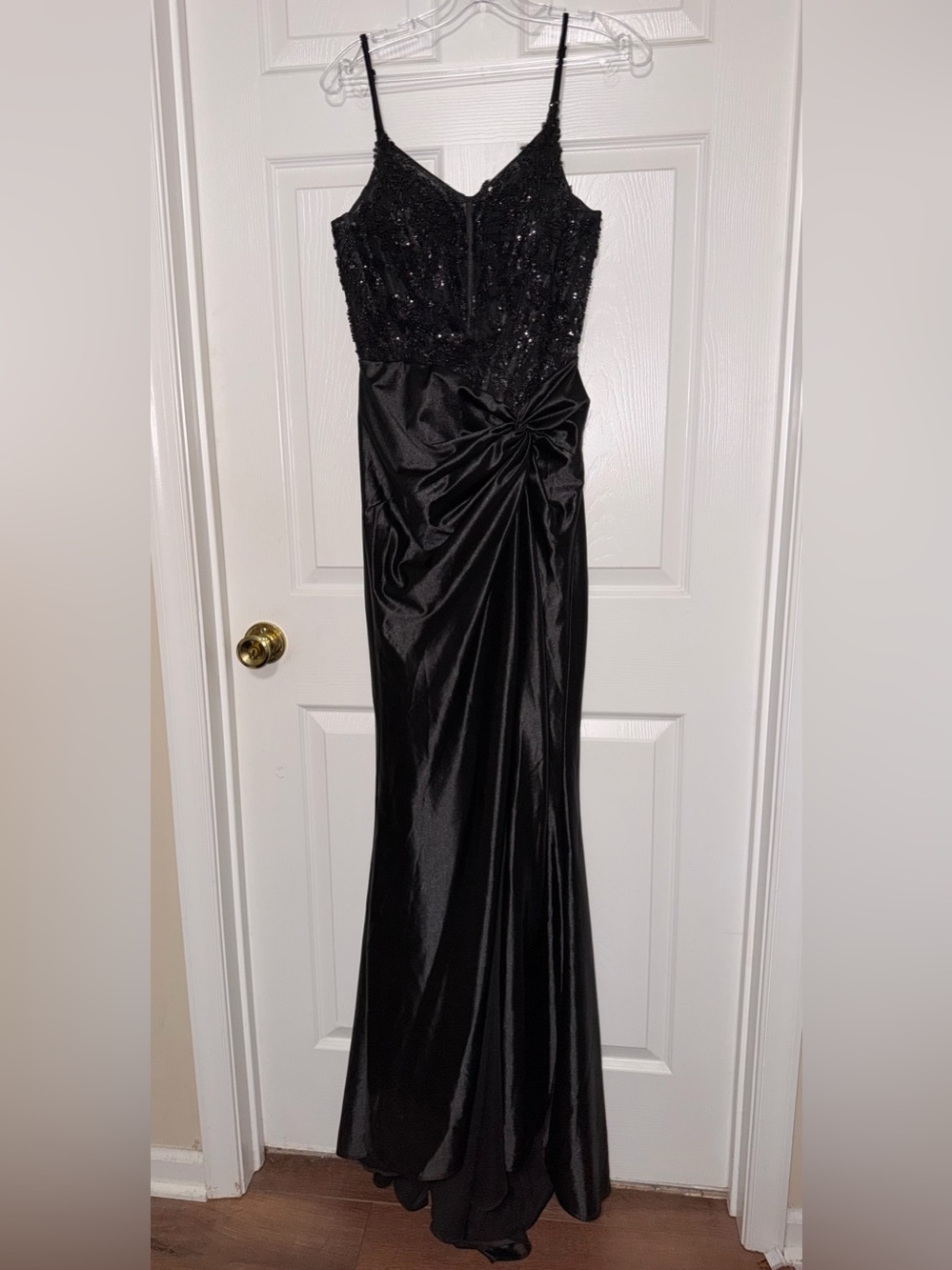 La Scala Black Sequin Strapless Prom Gown with Twist Detail